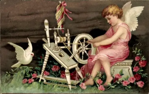 Präge Ak Engel am Spinnrad, Rosen, Taube