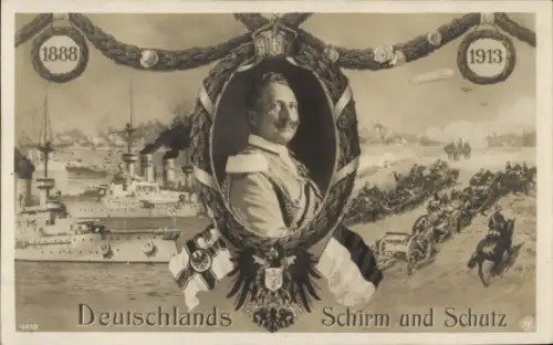 Passepartout Ak Kaiser Wilhelm II., Zeppelin, Deutsches Kriegsschiff, Deutschlands Schirm und Schutz