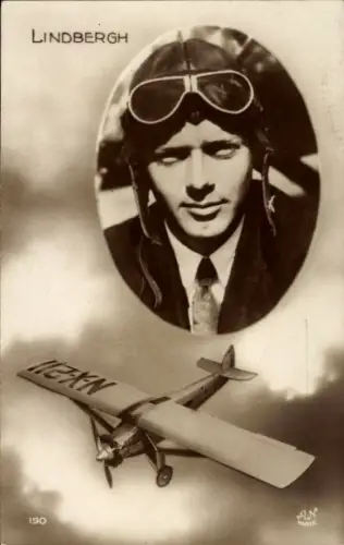 Ak Charles Lindbergh, Erste Alleinüberquerung des Atlantiks, NX-211, Spirit of St. Louis,Flugpionier