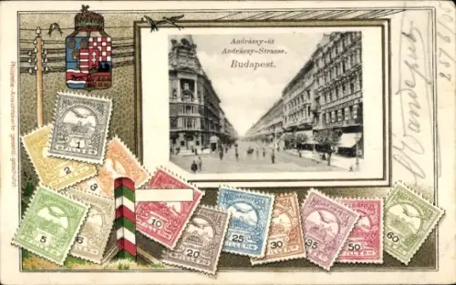 Präge Briefmarken Passepartout Ak Budapest Ungarn, Andrassy-Straße