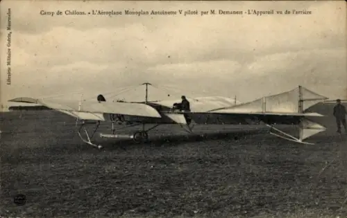 Ak Camp de Chalons, Flugzeug, Monoplan Antoinette V, Pilot Demanest