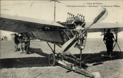 Ak Camp de Chalons, Flugzeug, Monoplan Antoinette, Motor und Rotor