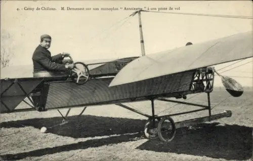 Ak Camp de Chalons, Flugzeug, Monoplan Antoinette, Pilot Demanest