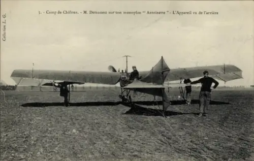 Ak Camp de Chalons, Flugzeug Monoplan Antoinette, Pilot Demanest