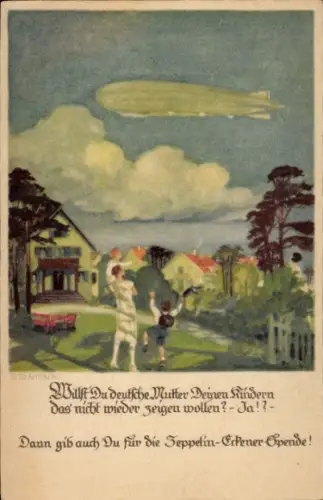 Künstler Ak Amtsberg, Otto, Deutsche Mutter zeigt Kindern Luftschiff, Zeppelin Eckener Spende