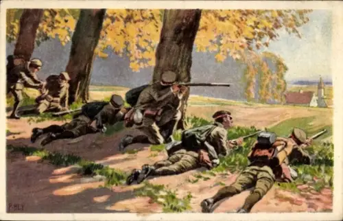 Künstler Ak Deutsche Jugendwehr Karten, Feuergefecht