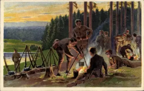 Künstler Ak Hey, P., Deutsche Jugendwehr-Karten, Biwak