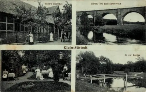 Ak Klein Süstedt Uelzen in Niedersachsen, Müller's Gasthaus, Eisenbahnbrücke