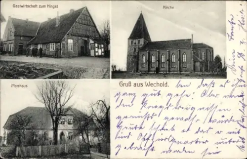 Ak Wechold Hilgermissen in Niedersachsen, Gastwirtschaft zum Hingst, Kirche, Pfarrhaus