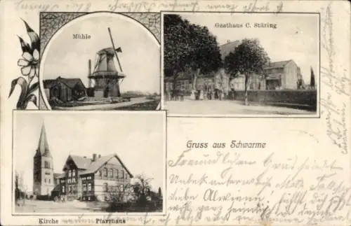 Ak Schwarme in Niedersachsen, Windmühle, Gasthaus C. Stüring, Kirche, Pfarrhaus