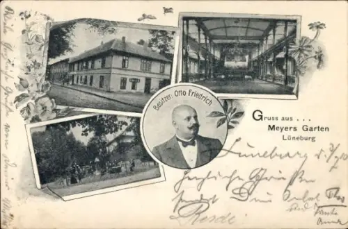 Ak Lüneburg in Niedersachsen, Meyers Garten, Saal, Portrait Besitzer Otto Friedrich