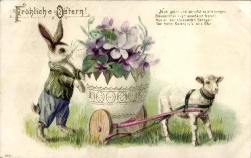 Künstler Ak Glückwunsch Ostern, Osterhase, Lamm, Karren mit Veilchen