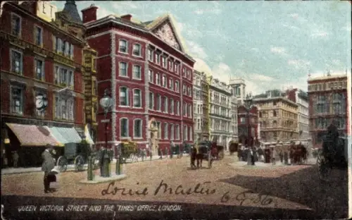 Ak City of Westminster London England, Queen Victoria Street, Times Office, rote Gebäude, Pferdek