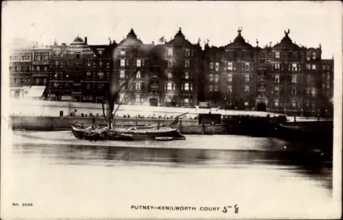 Ak Putney London England, Putney-Kenilworth Court, Boot, Wasser, Gebäude