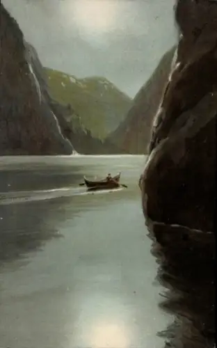 Künstler Ak Mondscheinabend, Ruderboot