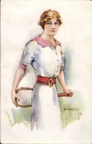 Künstler Ak Usabal, Frau mit Tennisschläger, Weißes Kleid