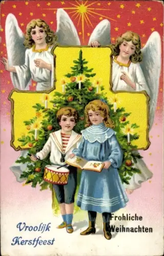Litho Glückwunsch Weihnachten, Engel, Tannenbaum, Junge mit Trommel, Mädchen mit Buch