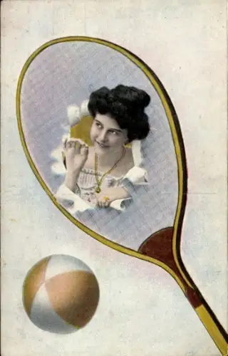 Ak Frauenportrait, Tennisschläger