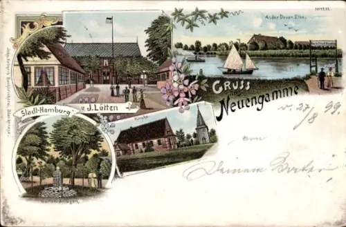 Litho Hamburg Bergedorf Neuengamme, Gasthaus Stadt Hamburg, J. Lütten, Kirche, Doven-Elbe