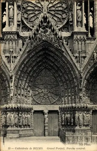 Ak Reims Marne, Kathedrale von  Grand Portail, Porche central, ND Phot