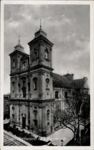 Ak Lissa Leszno Poznań Posen, Lissa Wartheland, Kath. Pfarrkirche, zwei Türme, Bäume im Vordergru