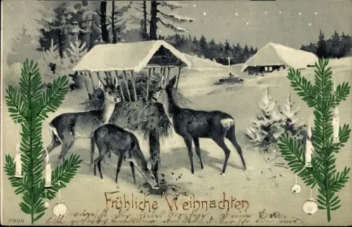 Präge Ak Glückwunsch Neujahr, Rehe, Krippe, Tannen