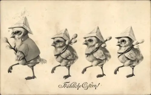 Künstler Ak Glückwunsch Ostern, Küken mit Weidenkätzchen