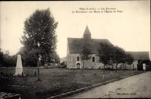 Ak Tilly Yvelines, Le Monument aux Morts et l´Église de Flins