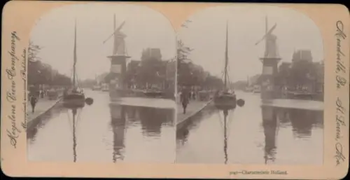 Stereo Foto Niederlande, Kanal, Windmühle, Keystone View Company