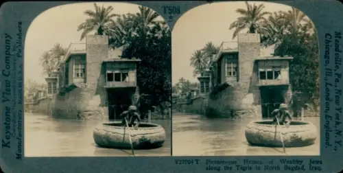 Stereo Foto Bagdad Irak, Häuser reicher Juden am Ufer des Tigris, Boot