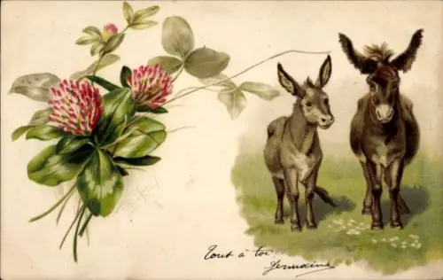 Litho Zwei Esel, Blühende Blume