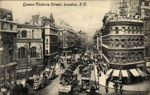 Ak City of Westminster London England, Queen Victoria Street,  E.C., Straßenansicht, viele Fahrze
