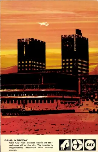 Ak Oslo Norwegen, City Hall, Scandinavian Airlines, Reklame