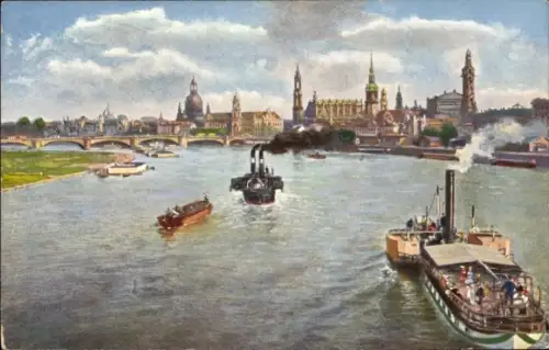Ak Dresden Altstadt, Blick auf  Elbe, Marienbrücke, Dampfschiffe
