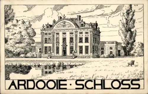 Ak Ardoye Ardooie Westflandern, ARDOOIE SCHLOSS, Zeichnung eines Schlosses, Wasser im Vordergrund