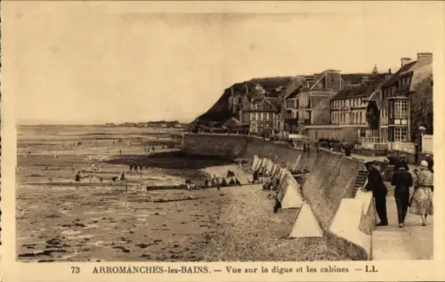 Ak Arromanches les Bains Calvados, Blick auf die Ufermauer und die Strandhütten