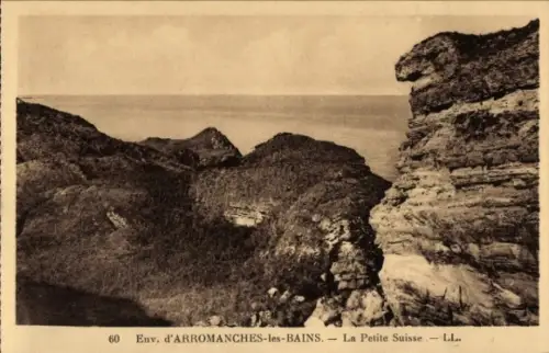 Ak Arromanches les Bains Calvados, Kleine Schweiz, Felsen, Meer