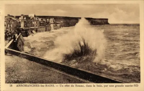 Ak Arromanches les Bains Calvados, Auswirkungen der Rückströmung während einer Springflut, Bucht