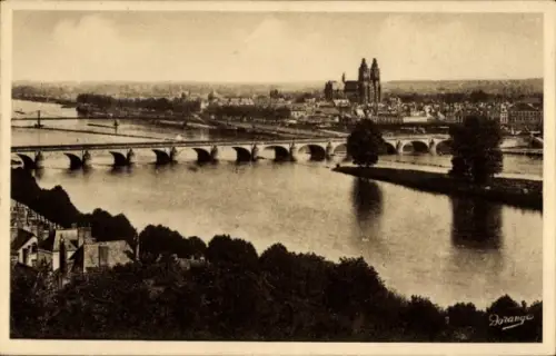 Ak Tours Indre et Loire, Stadtansicht, Pont de Pierre, Loire, Kathedrale, Schwarz-Weiß