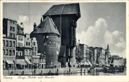 Ak Danzig, Lange Brücke mit Krantor,Geschäfte, Boot