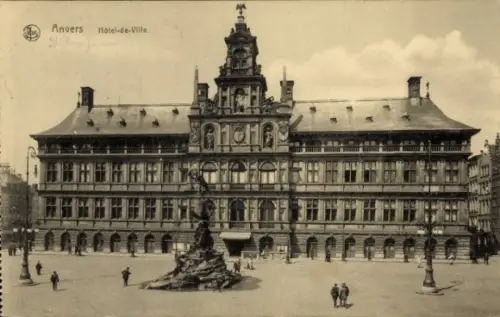Ak Anvers Antwerpen Flandern, Hotel de Ville,  Statue, Menschen, 