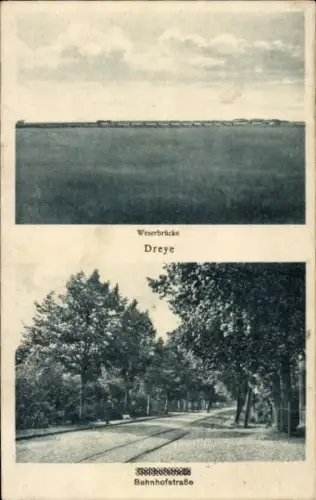 Ak Dreye Weyhe Niedersachsen, Weserbrücke,  Bahnhofstraße, Bäume, Straße