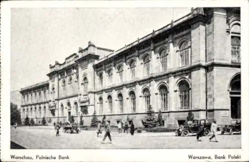 Ak Warszawa Warschau Polen,  Polnische Bank, Bank Polski,  Gebäude, Straßenansicht