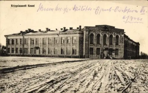 Ak Kowel Ukraine, Kriegslazarett  Gebäude mit Fenstern, Schnee, Militärkontext