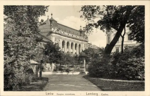 Ak Lwiw Lwów Lemberg Léopol Ukraine, Lwów Kasyno narodowe, Lemberg Casino, Parklandschaft, Bäume