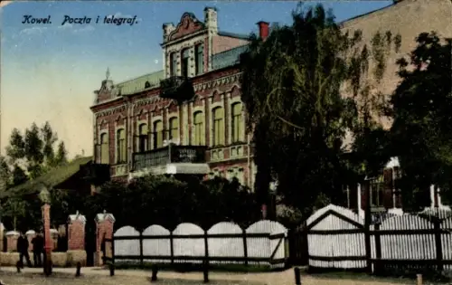 Ak Kowel Ukraine,  Poczta i telegraf, Gebäude, Bäume, Zaun