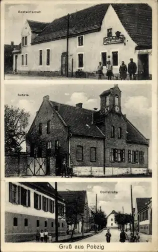 Ak Pobzig Nienburg an der Saale, Gastwirtschaft, Schule, Dorfstraße