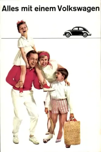 Ak Alles mit einem Volkswagen, VW Käfer, Familie mit Auto, Reklame