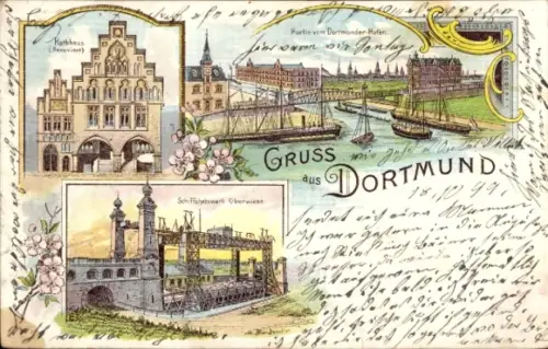 Litho Dortmund im Ruhrgebiet, Rathaus, Hafenpartie, Schiffshebewerk