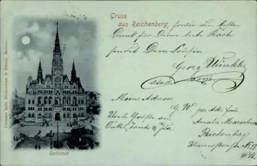 Mondschein Ak Liberec Reichenberg in Böhmen, Rathaus